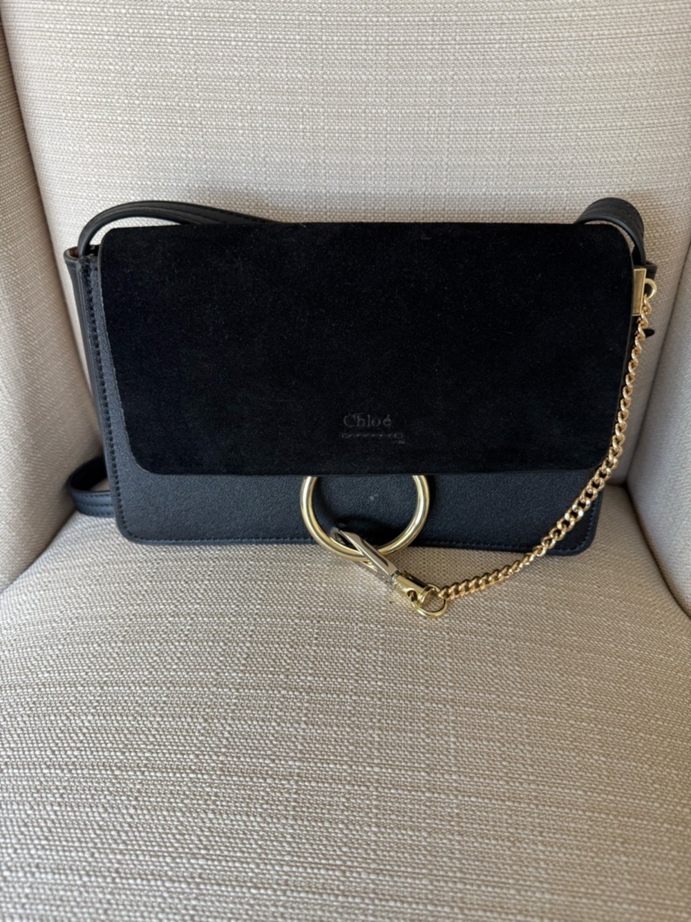 Chloé Faye Small Leather & Suede Crossbody Shoulder Bag Black Gold, ‼️MSRP $1390 - Picture 2 of 15
